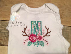 Antler flower monogram shirt - antler shirt for girls - Antler flower Shirt for girls - baby girl personalized shirt - toddler personalized